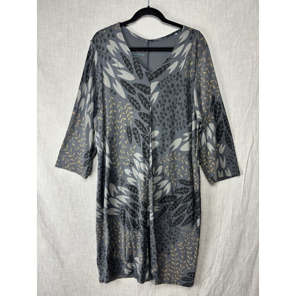 Gudrun Sjoden XL dress ~ grey taupe leaf print organic cotton jersey knit EUC